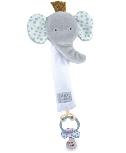 Doudou et Compagnie Attache sucette éléphant - 18 cm - gris clair> Attache Sucette