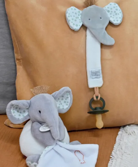 Doudou et Compagnie Attache sucette éléphant - 18 cm - gris clair> Attache Sucette