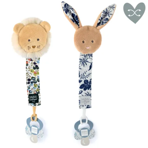 Doudou et Compagnie Attache tétine lion ou lapin bleu Boh'aime - 18 cm> Attache Sucette