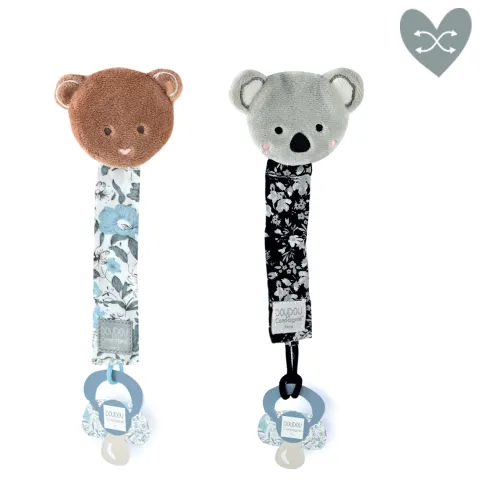 Doudou et Compagnie Attache tétine ours ou koala Boh'aime - Bleu - noir- 18 cm> Attache Sucette