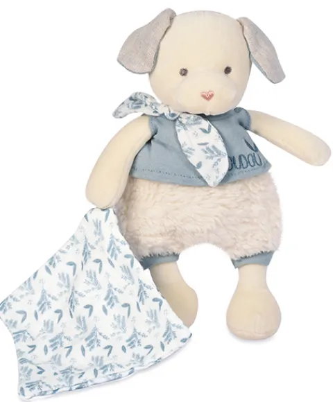 Doudou et Compagnie Chien peluche beige avec mouchoir bleu en coton BIO - 22 cm> Doudou Mouchoir|Doudous En Coton Bio