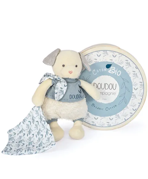 Doudou et Compagnie Chien peluche beige avec mouchoir bleu en coton BIO - 22 cm> Doudou Mouchoir|Doudous En Coton Bio