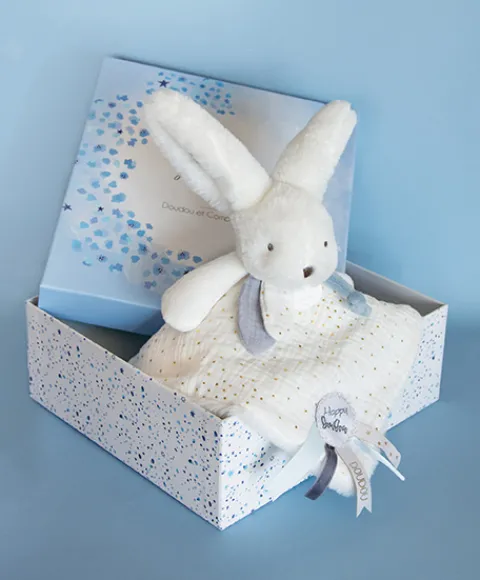 Doudou et Compagnie Coffret Doudou plat Lapin bleu - Happy Glossy - 25 cm> Doudou Plat