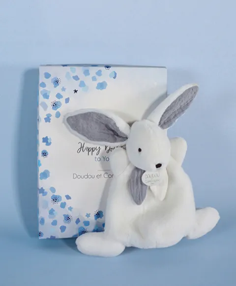 Doudou et Compagnie Coffret Mini Doudou Lapin Bleu - Happy Glossy - 17 cm> Petit Format|Doudou Plat