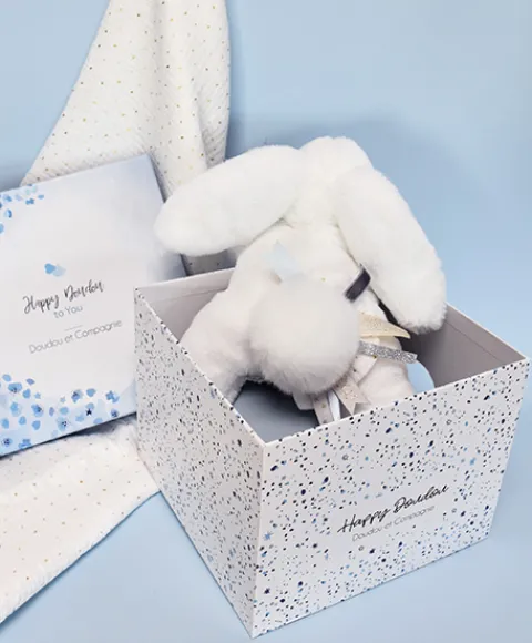 Doudou et Compagnie Coffret Pantin Lapin bleu - Happy Glossy - 25 cm> Peluches