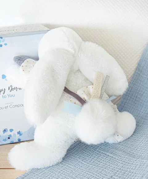 Doudou et Compagnie Coffret Pantin Lapin bleu - Happy Glossy - 25 cm> Peluches