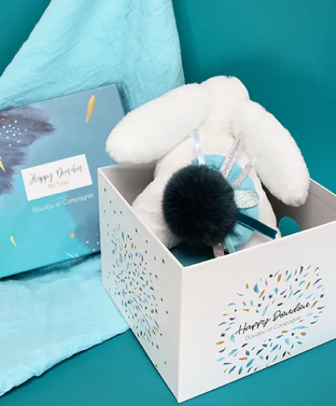 Doudou et Compagnie Coffret Pantin Lapin bleu - Happy Pop - 25 cm> Peluches