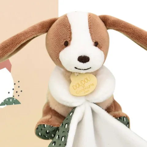 Doudou et Compagnie Doudou mouchoir chien vert et marron - 11 cm> Doudou Mouchoir