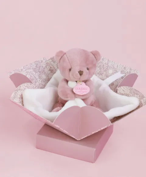 Doudou et Compagnie Doudou mouchoir- Mon petit ourson - Rose - 10 cm> Petit Format