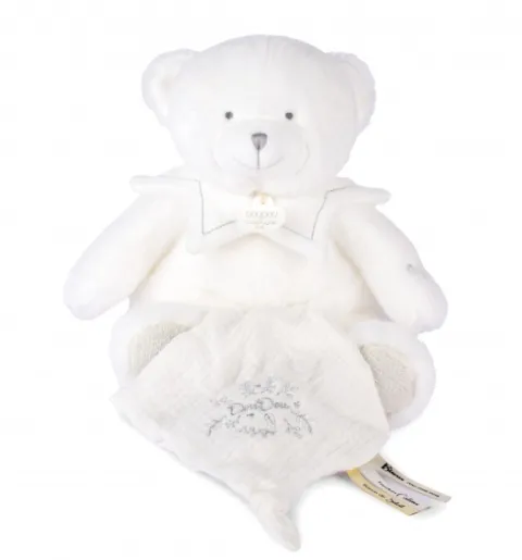 Doudou et Compagnie Doudou mouchoir ours Blanc - 30 cm - Collection Anniversaire> Doudou Mouchoir|Peluches
