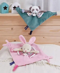 Doudou et Compagnie Doudou plat lapin rose avec marionnette à doigt - 30 cm> Doudou Plat|Marionnettes