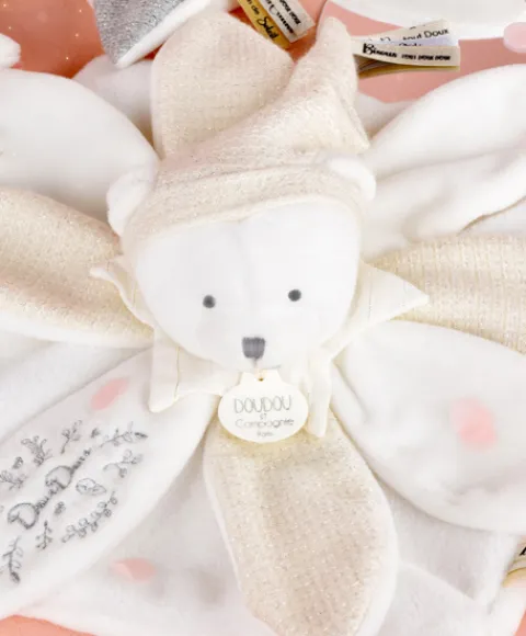 Doudou et Compagnie Doudou plat pétales Ours Blanc - 25 cm - Collection Anniversaire> Doudou Plat