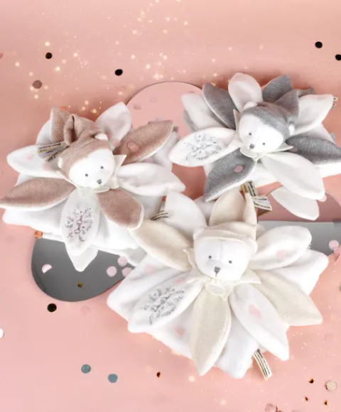Doudou et Compagnie Doudou plat pétales Ours Blanc - 25 cm - Collection Anniversaire> Doudou Plat