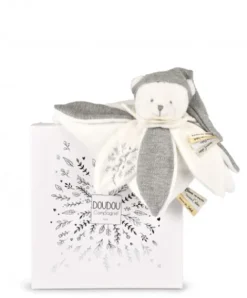 Doudou et Compagnie Doudou plat pétales Ours Gris - 25 cm - Collection Anniversaire> Doudou Plat