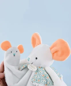Doudou et Compagnie Doudou plat souris blanc avec marionnette à doigt - 30 cm><noscript><img width=