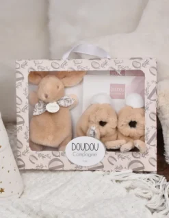 Doudou et Compagnie Lapin Doudou - Coffret cadeau Chaussons et Doudou Beige 15 cm> Petit Format|Doudou Plat
