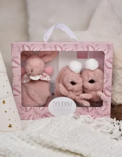 Doudou et Compagnie Lapin Doudou - Coffret cadeau Chaussons et Doudou Rose 15 cm> Petit Format|Doudou Plat