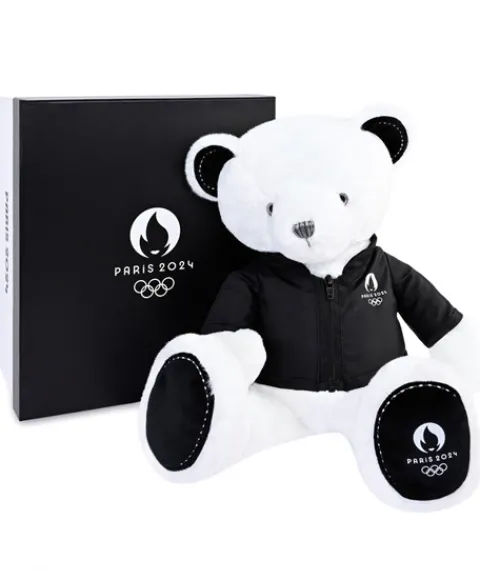 Doudou et Compagnie Ours en peluche blanc avec veste noire JO2024 - 40 cm - Collection Premium> Peluches|Les Ours En Peluche