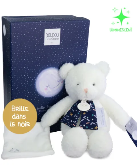Doudou et Compagnie Peluche ours luminescent avec mouchoir - 28 cm - Clair de Lune> Doudou Mouchoir|Peluche Avec Doudou