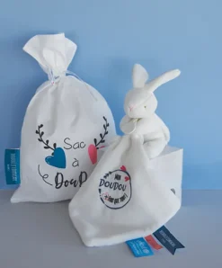 Doudou et Compagnie Sac à doudou + Doudou lapin "Mon Doudou + fort que tout " 10 cm - Unicef> Sac À Doudou|Petit Format