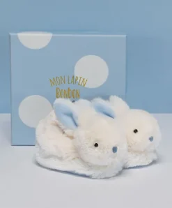 Doudou et Compagnie Coffret cadeau naissance chaussons lapin bleu avec hochet - 0/6 mois