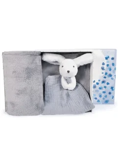 Doudou et Compagnie Coffret cadeau naissance plaid et Doudou Lapin Happy Glossy - 70 x 100 cm