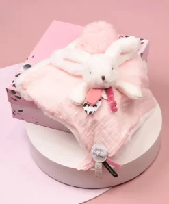 Doudou et Compagnie Coffret Doudou carré Lapin rose - Happy Blush - 25 cm
