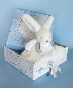 Doudou et Compagnie Coffret Doudou plat Lapin bleu - Happy Glossy - 25 cm