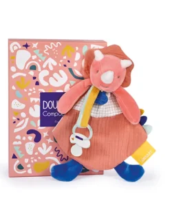 Doudou et Compagnie Coffret peluche dinosaure orange - Attache tetine Lou - 23 cm