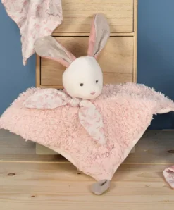 Doudou et Compagnie Doudou carré plat lapin rose en coton BIO - 25 cm