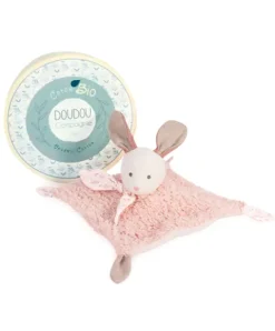 Doudou et Compagnie Doudou carré plat lapin rose en coton BIO - 25 cm