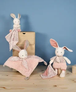 Doudou et Compagnie Doudou carré plat lapin rose en coton BIO - 25 cm