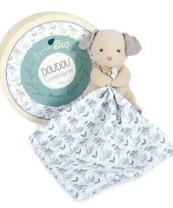 Doudou et Compagnie Doudou mouchoir chien bleu en coton BIO -15 cm