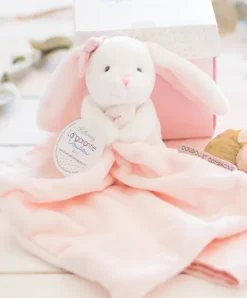 Doudou et Compagnie Doudou mouchoir lapin rose - 10 cm - Boite fleur