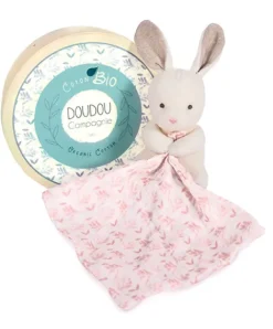 Doudou et Compagnie Doudou mouchoir lapin rose en coton BIO - 15 cm