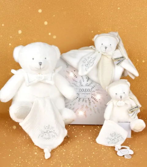 Doudou et Compagnie Doudou mouchoir ours Blanc - 30 cm - Collection Anniversaire