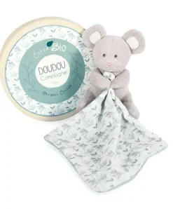 Doudou et Compagnie Doudou mouchoir Souris grise - vert en coton BIO - 15 cm