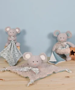 Doudou et Compagnie Doudou mouchoir Souris grise - vert en coton BIO - 15 cm