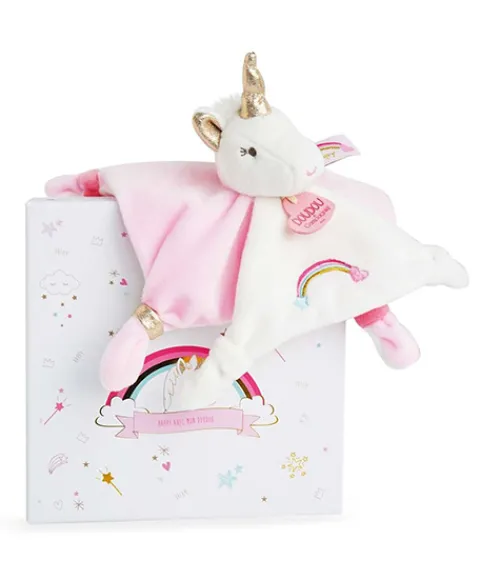 Doudou et Compagnie Doudou plat Licorne rose et blanche - 20 cm