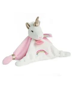 Doudou et Compagnie Doudou plat Licorne rose et blanche - 20 cm
