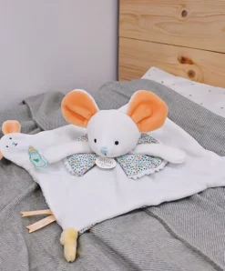 Doudou et Compagnie Doudou plat souris blanc avec marionnette à doigt - 30 cm