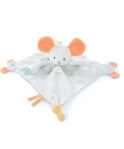 Doudou et Compagnie Doudou plat souris blanc avec marionnette à doigt - 30 cm