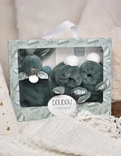 Doudou et Compagnie Lapin Doudou - Coffret cadeau Chaussons et Doudou Vert Sauge 15 cm