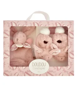 Doudou et Compagnie Lapin Doudou - Coffret cadeau Chaussons et Doudou Rose 15 cm