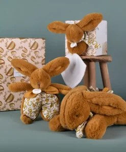 Doudou et Compagnie Lapin DOUDOU® - Peluche lapin jaune moutarde avec doudou assorti - 16 cm