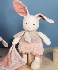 Doudou et Compagnie Lapin peluche écrue avec mouchoir rose en coton BIO - 22 cm