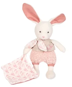 Doudou et Compagnie Lapin peluche écrue avec mouchoir rose en coton BIO - 22 cm