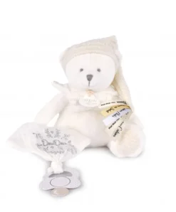 Doudou et Compagnie Ours en peluche Blanc attache-sucette - 20 cm - Collection Anniversaire