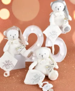 Doudou et Compagnie Ours en peluche Blanc attache-sucette - 20 cm - Collection Anniversaire