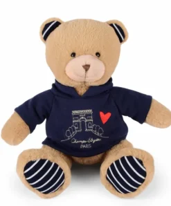 Doudou et Compagnie Ours en peluche marron avec sweat marine Champs Elysees - 28 cm
